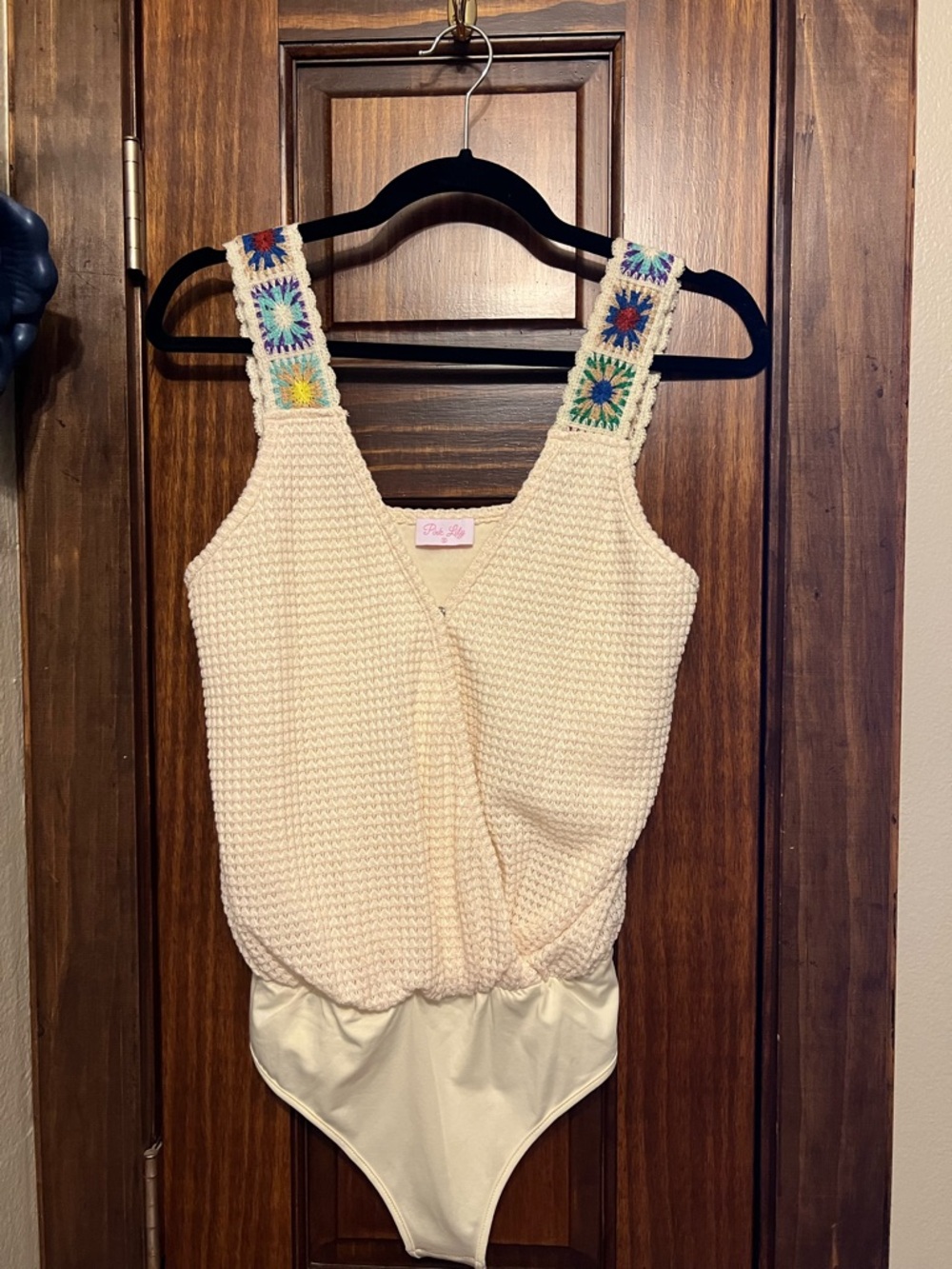 Pink Lily Cream Crochet Bodysuit with Multicolor Crochet Straps